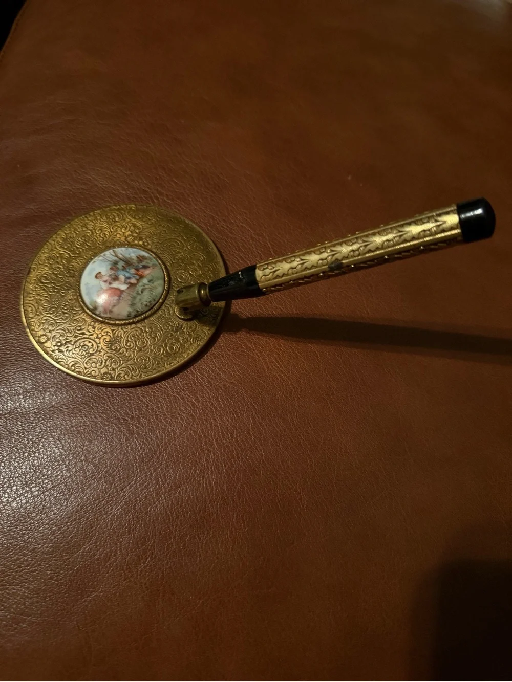 Vtg Womens Brass Handheld Mirror w painted courting scene